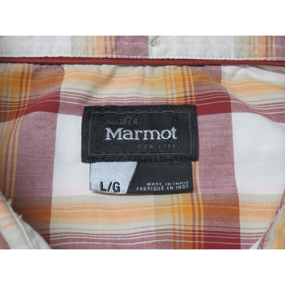 Mens Marmot Short Sleeve Button Front Shirt Size L Orange Red White Plaid Hiking - Picture 4 of 8